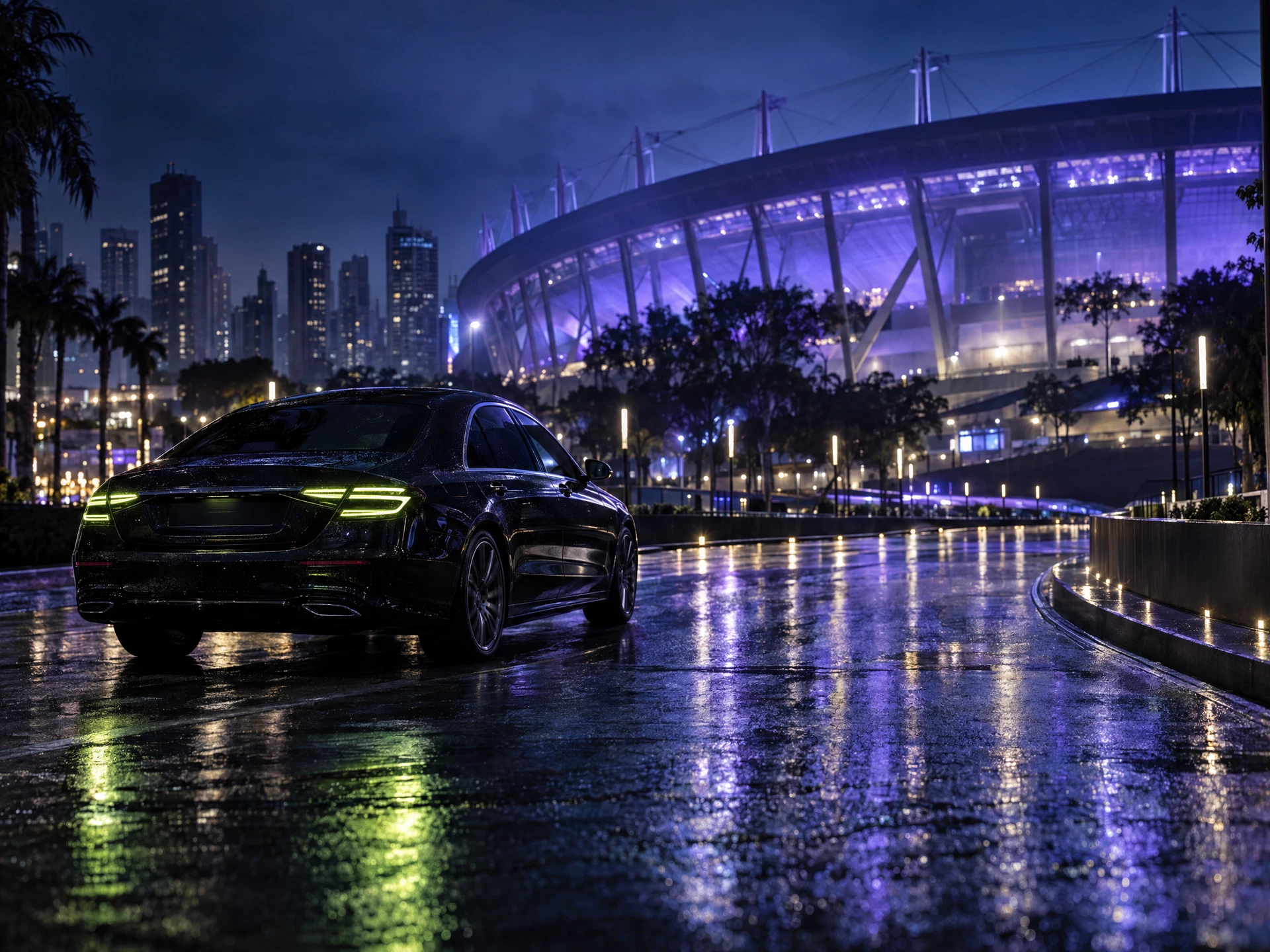 Carro chegando a um estádio iluminado à noite