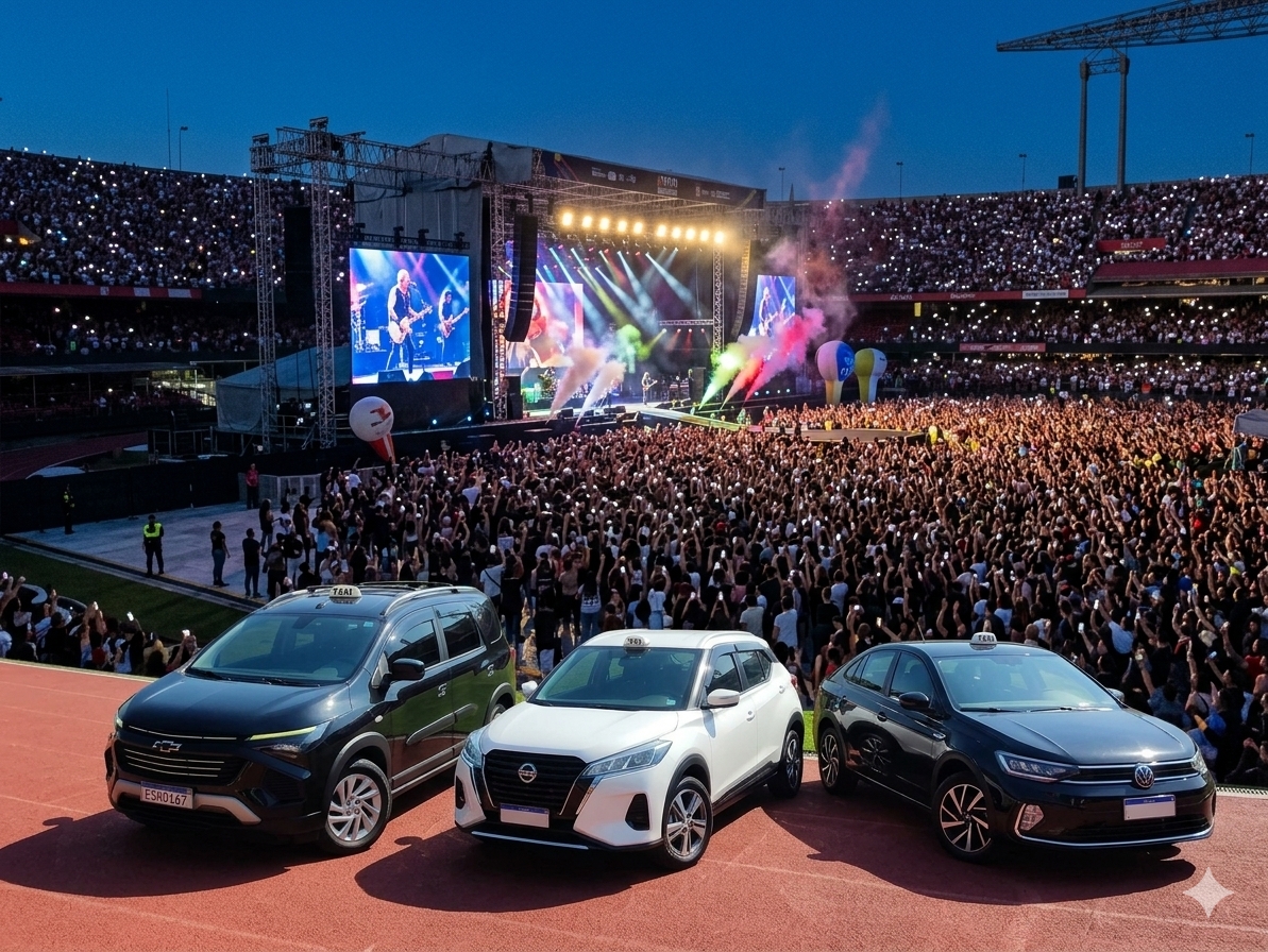 Carros da LFL Transfer diante de um estádio durante um show